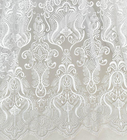 White Embroidered Bridal Lace Fabric - Corded Wedding Gown Lace by Yard