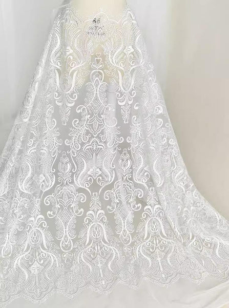 White Embroidered Bridal Lace Fabric - Corded Wedding Gown Lace by Yard