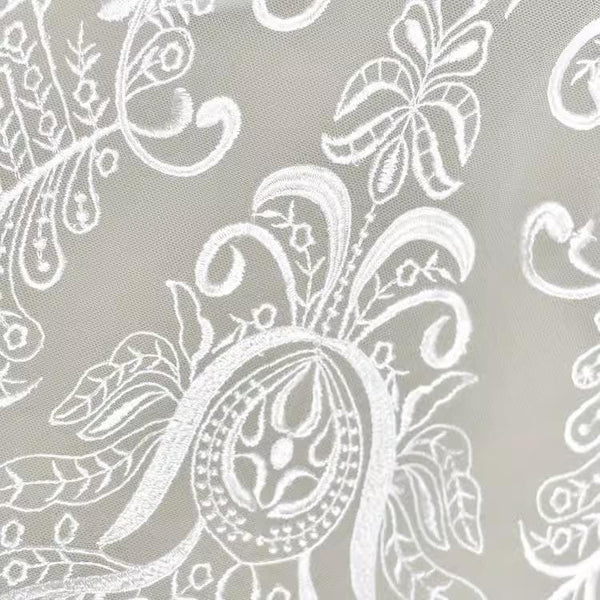 White Embroidered Bridal Lace Fabric - Corded Wedding Gown Lace by Yard