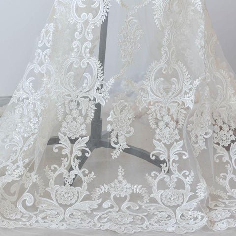 White Embroidered Bridal Lace Fabric - Corded Wedding Gown Lace