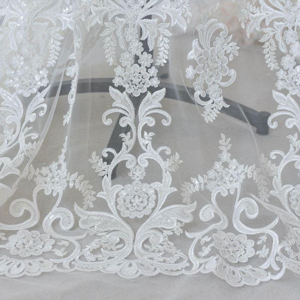 White Embroidered Bridal Lace Fabric - Corded Wedding Gown Lace
