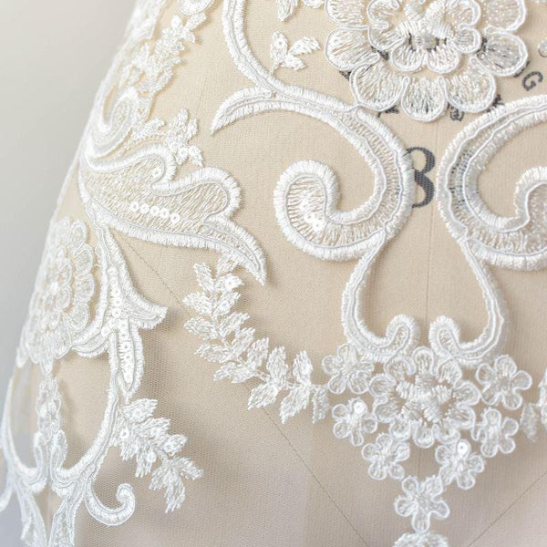 White Embroidered Bridal Lace Fabric - Corded Wedding Gown Lace