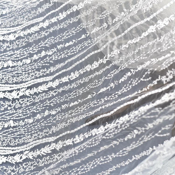 White Embroidered Bridal Lace Fabric - Corded Wedding Gown Lace