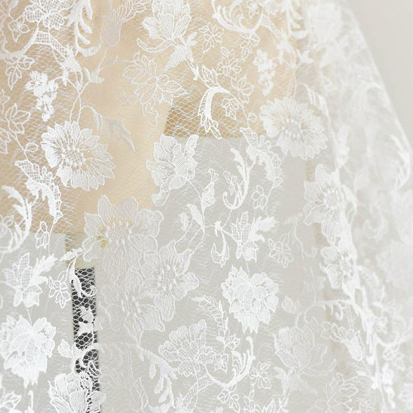 Off White Bridal Lace Fabric with gold embroidery, price by the yard