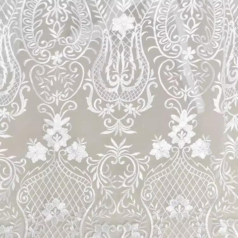White Embroidered Bridal Lace Fabric - Corded Lace for Wedding Gown