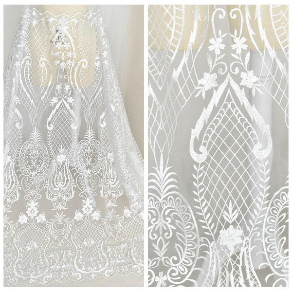 White Embroidered Bridal Lace Fabric - Corded Lace for Wedding Gown