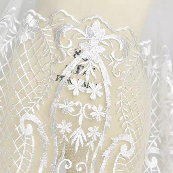 White Embroidered Bridal Lace Fabric - Corded Lace for Wedding Gown