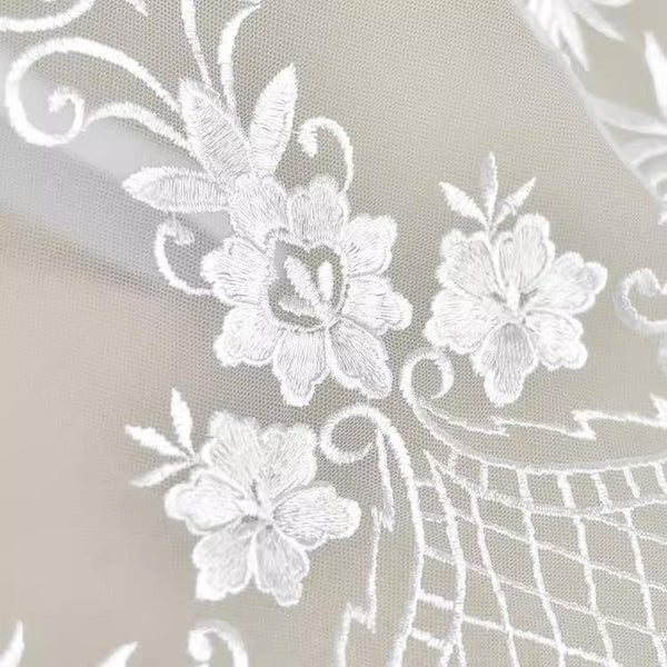 White Embroidered Bridal Lace Fabric - Corded Lace for Wedding Gown