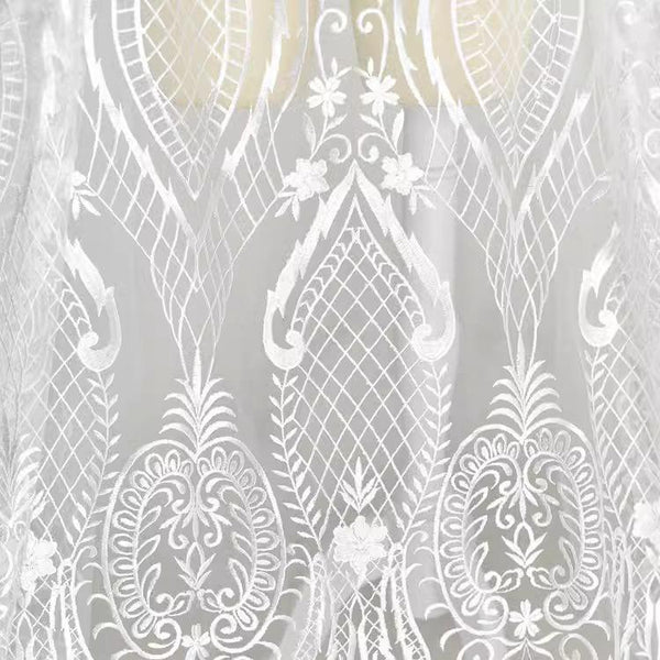 White Embroidered Bridal Lace Fabric - Corded Lace for Wedding Gown
