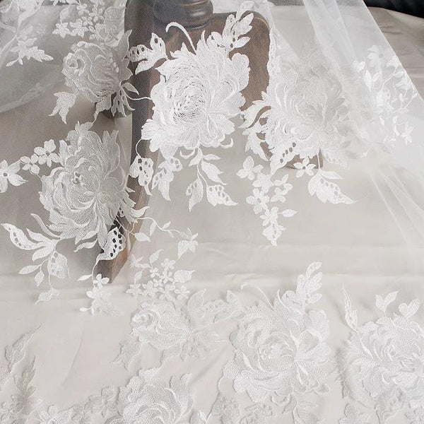 White Embroidered Bridal Lace Fabric - Corded Wedding Gown Lace By The Yard