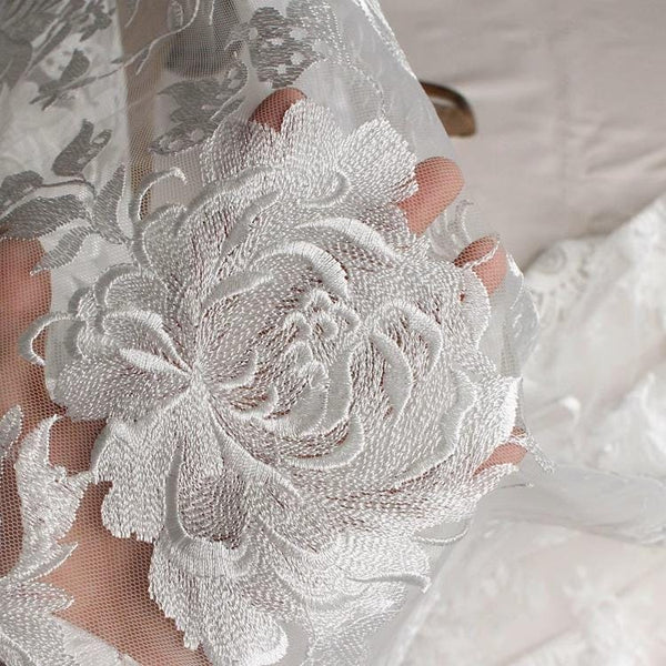 White Embroidered Bridal Lace Fabric - Corded Wedding Gown Lace By The Yard