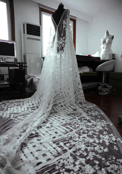 White Embroidered Bridal Lace Fabric - Corded Lace for Wedding Dress