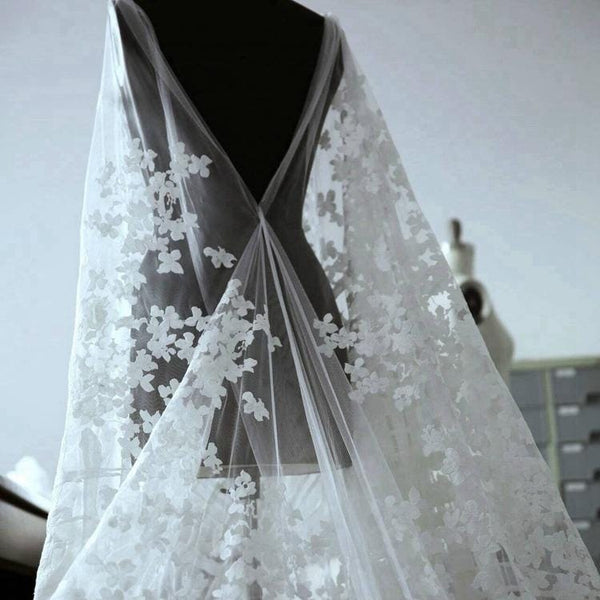 White Embroidered Bridal Lace Fabric - Corded Lace for Wedding Dress