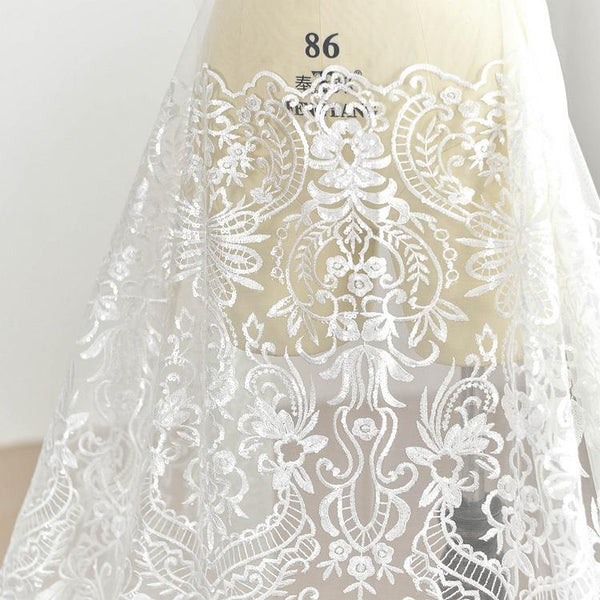 White Embroidered Bridal Lace Fabric - Corded Wedding Gown Lace