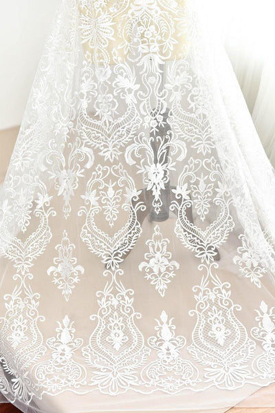 White Embroidered Bridal Lace Fabric - Corded Wedding Gown Lace