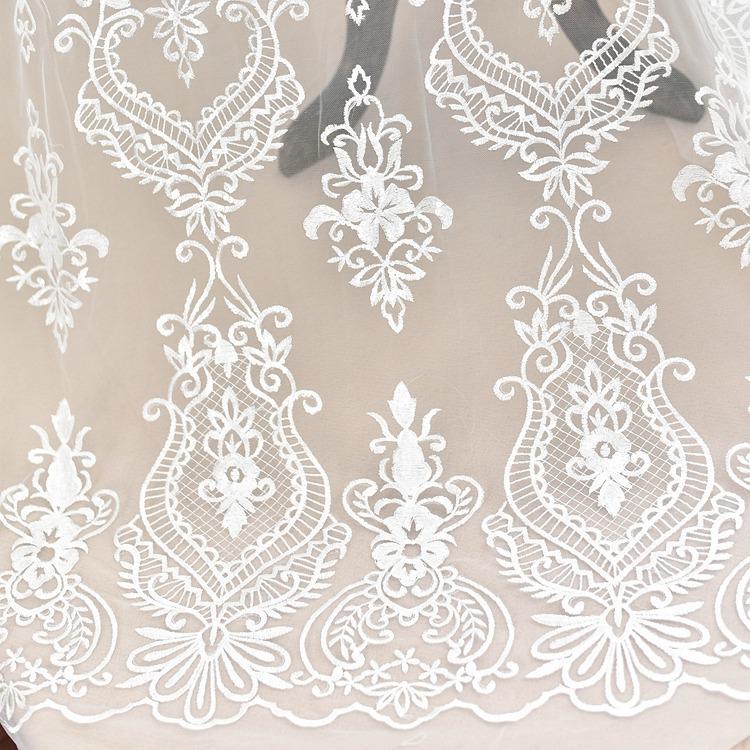 White Embroidered Bridal Lace Fabric - Corded Wedding Gown Lace