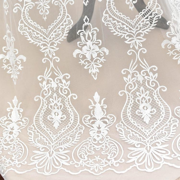 White Embroidered Bridal Lace Fabric - Corded Wedding Gown Lace
