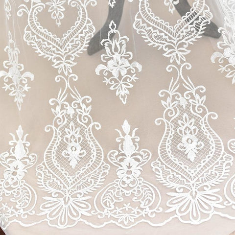 White Embroidered Bridal Lace Fabric - Corded Wedding Gown Lace