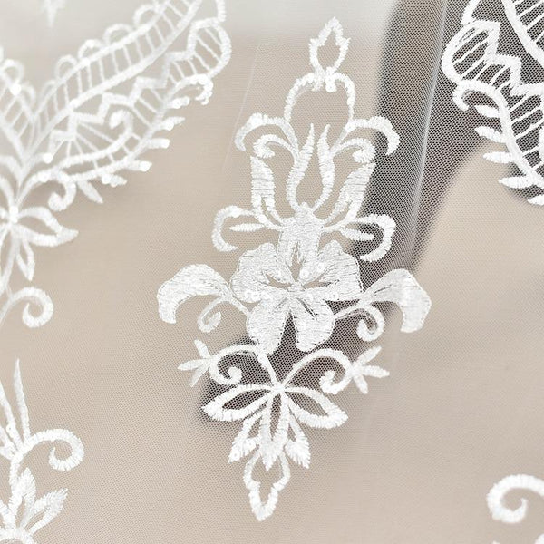 White Embroidered Bridal Lace Fabric - Corded Wedding Gown Lace