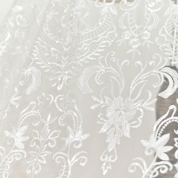 White Embroidered Bridal Lace Fabric - Corded Wedding Gown Lace