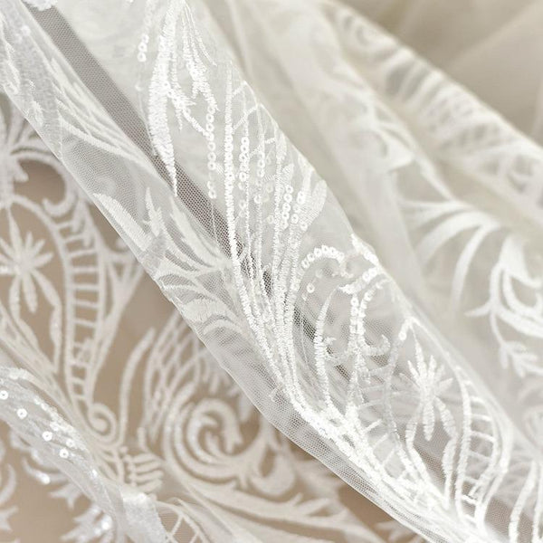 White Embroidered Bridal Lace Fabric - Corded Wedding Gown Lace by Yard
