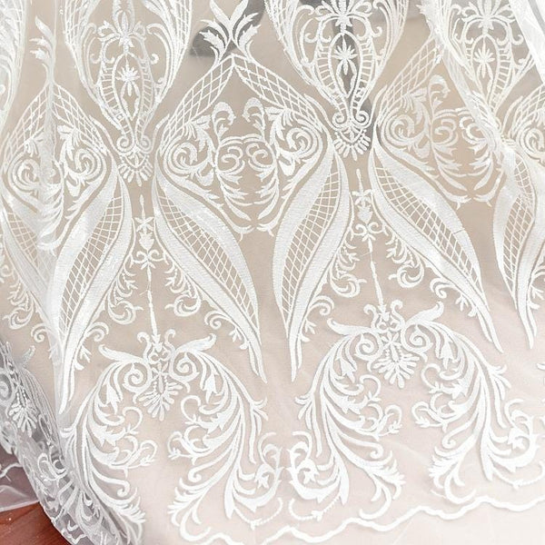 White Embroidered Bridal Lace Fabric - Corded Wedding Gown Lace by Yard