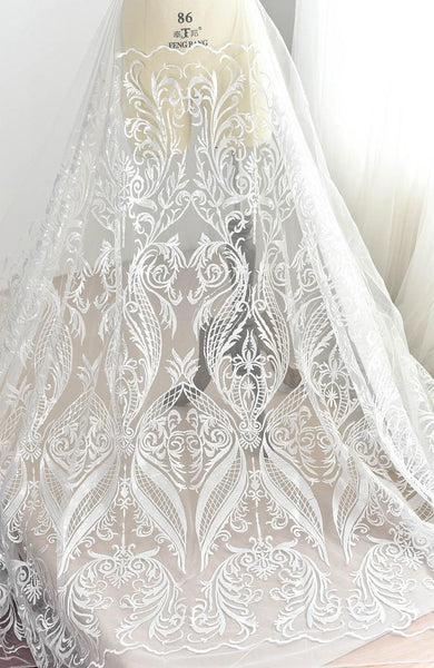 White Embroidered Bridal Lace Fabric - Corded Wedding Gown Lace by Yard