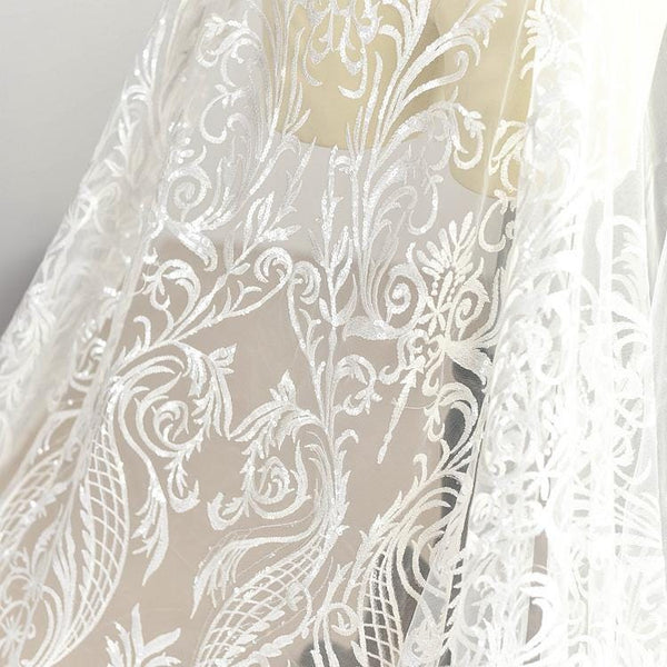 White Embroidered Bridal Lace Fabric - Corded Wedding Gown Lace by Yard