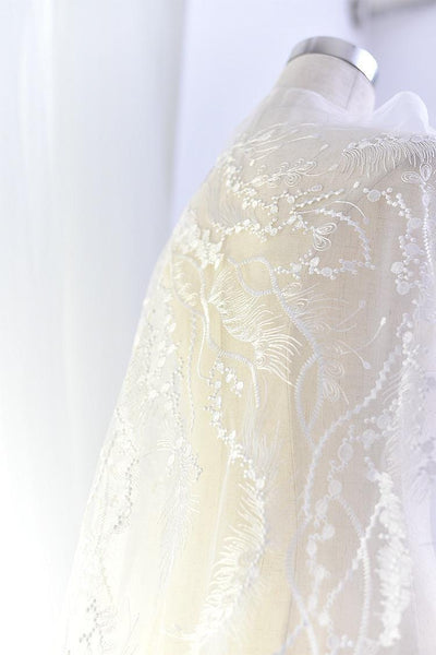 White Embroidered Bridal Lace Fabric - Corded Wedding Gown Lace