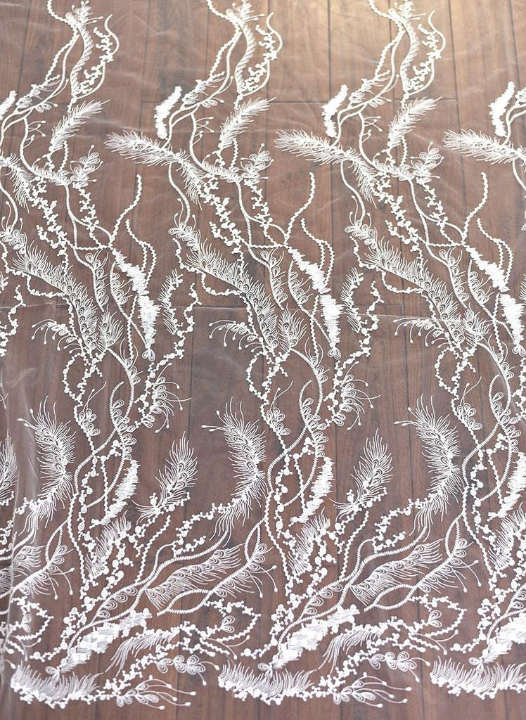 White Embroidered Bridal Lace Fabric - Corded Wedding Gown Lace