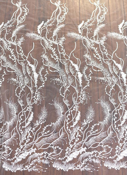 White Embroidered Bridal Lace Fabric - Corded Wedding Gown Lace