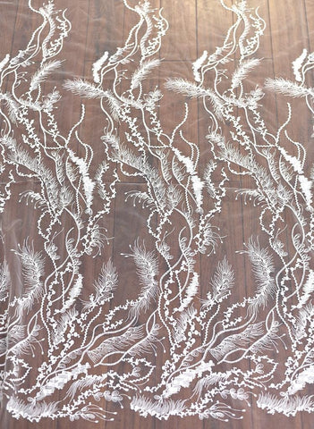 White Embroidered Bridal Lace Fabric - Corded Wedding Gown Lace