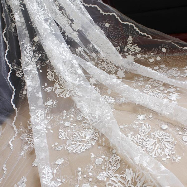 White Embroidered Bridal Lace Fabric - Corded Lace for Wedding Gown