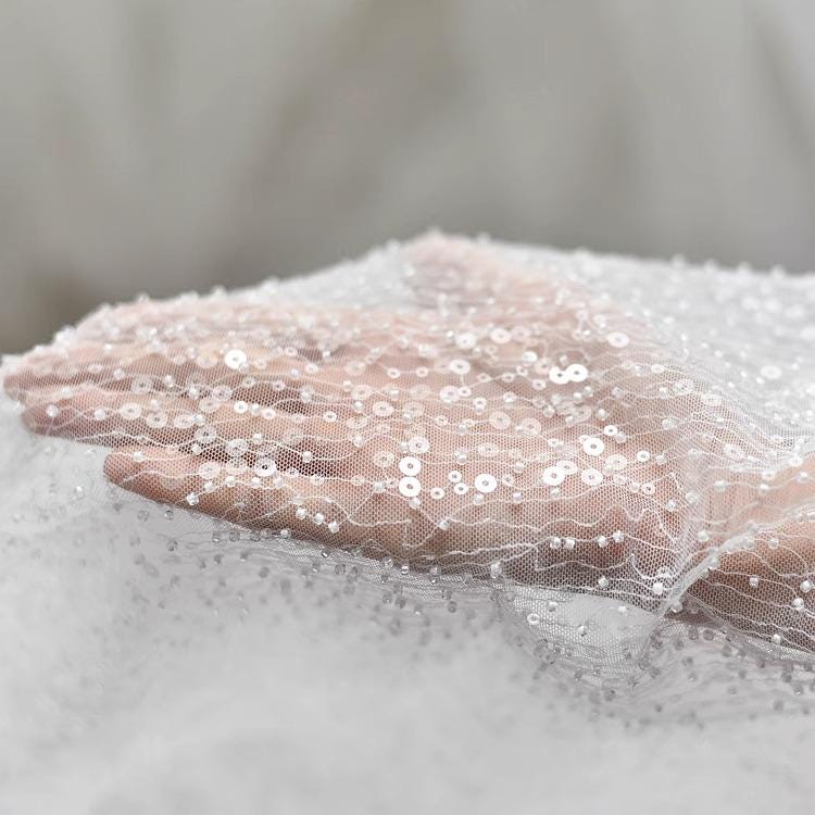 White Embroidered Bridal Lace Fabric: Corded Wedding Gown Lace