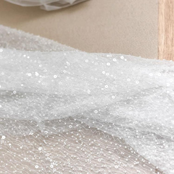 White Embroidered Bridal Lace Fabric: Corded Wedding Gown Lace