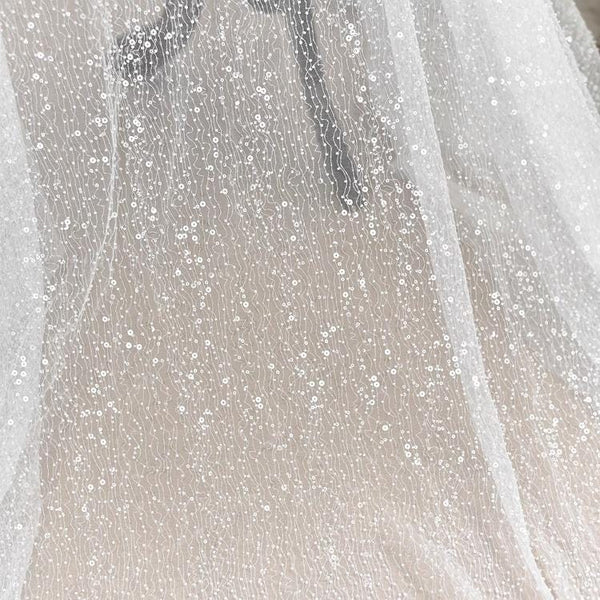 White Embroidered Bridal Lace Fabric: Corded Wedding Gown Lace