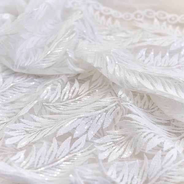 White Embroidered Bridal Lace Fabric: Corded Wedding Gown Lace