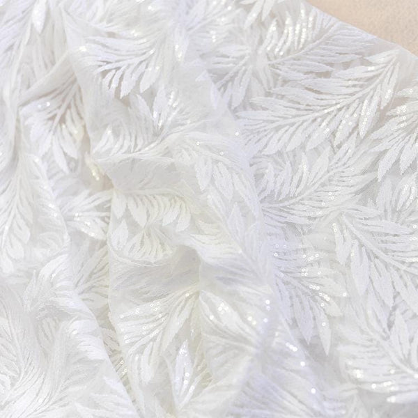 White Embroidered Bridal Lace Fabric: Corded Wedding Gown Lace