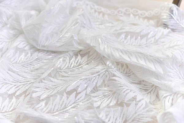 White Embroidered Bridal Lace Fabric: Corded Wedding Gown Lace