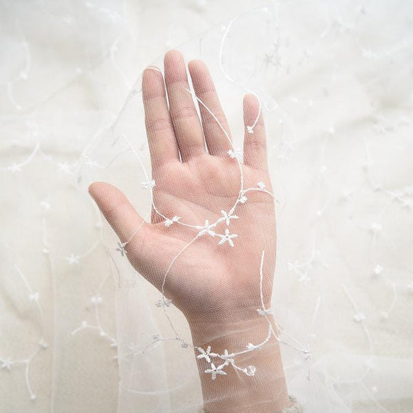 White Embroidered Bridal Lace Fabric - Corded Wedding Gown Lace