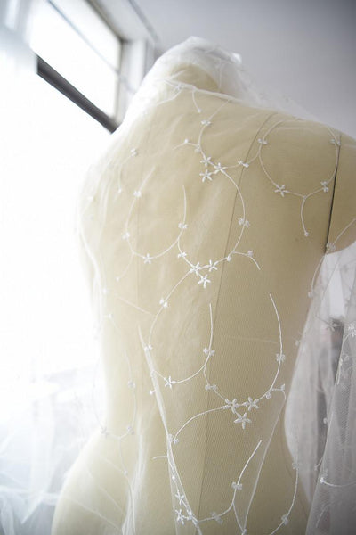 White Embroidered Bridal Lace Fabric - Corded Wedding Gown Lace