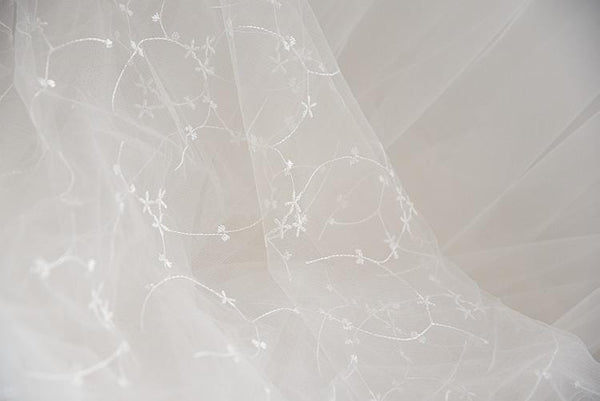 White Embroidered Bridal Lace Fabric - Corded Wedding Gown Lace