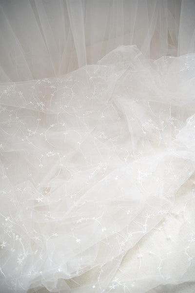 White Embroidered Bridal Lace Fabric - Corded Wedding Gown Lace