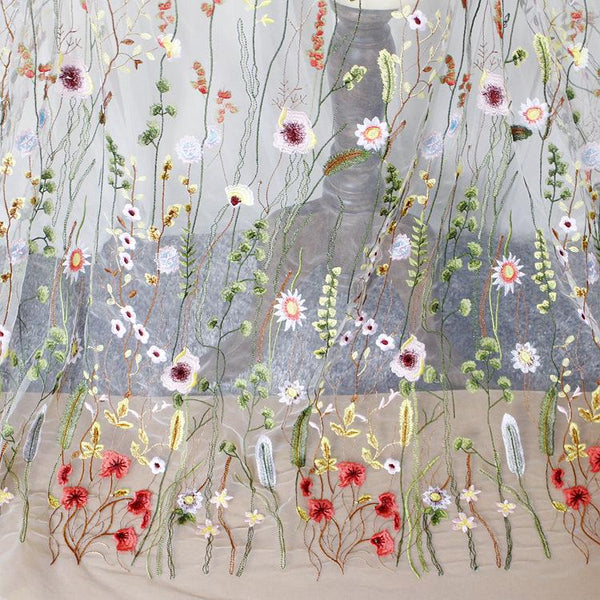 Floral Embroidered Bridal Lace Fabric - White Corded Lace for Wedding Gown