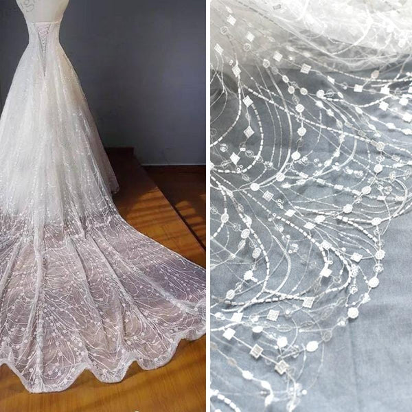 White Embroidered Bridal Lace Fabric - Corded Wedding Gown Lace
