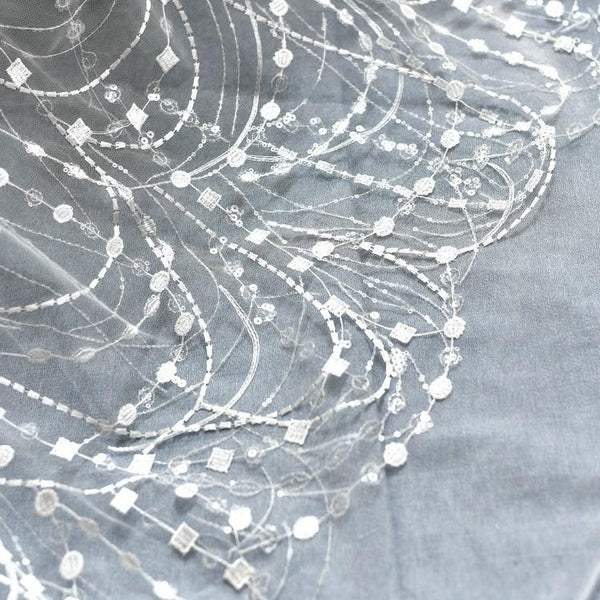 White Embroidered Bridal Lace Fabric - Corded Wedding Gown Lace