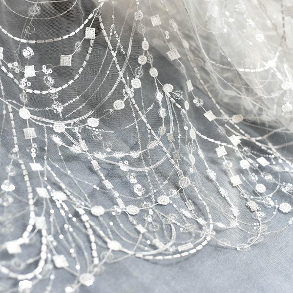 White Embroidered Bridal Lace Fabric - Corded Wedding Gown Lace