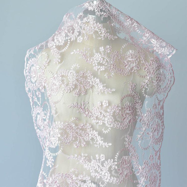 White Embroidered Bridal Lace Fabric - Corded Wedding Gown Lace by Yard