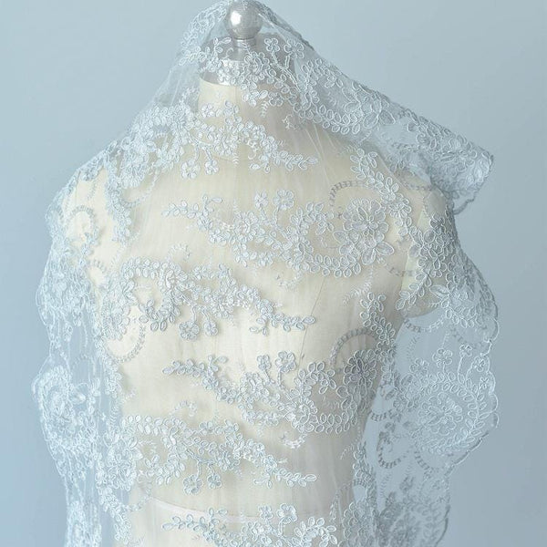 White Embroidered Bridal Lace Fabric - Corded Wedding Gown Lace by Yard