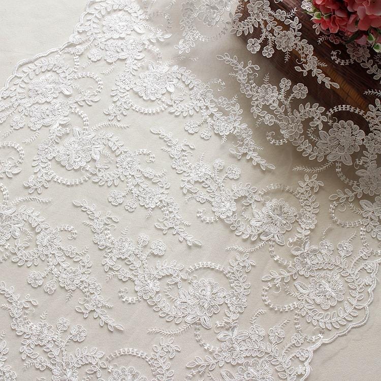 White Embroidered Bridal Lace Fabric - Corded Wedding Gown Lace by Yard